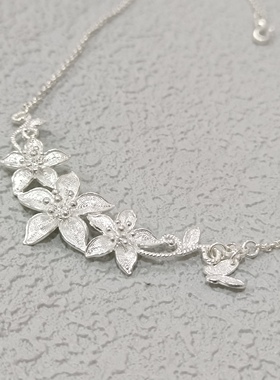 贵州纯手工银饰999足银拉丝掐丝蝴蝶花项链女款民族风纯银项链