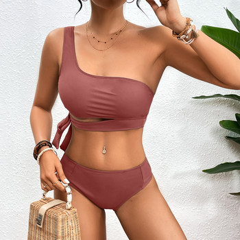 2024 New European and American Bikini Swimsuit Sexy Split Women's Solid Color One Shoulder Bikini Swimwear Hot Spring 14