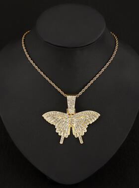 嘻哈满钻合金蝴蝶吊坠项链