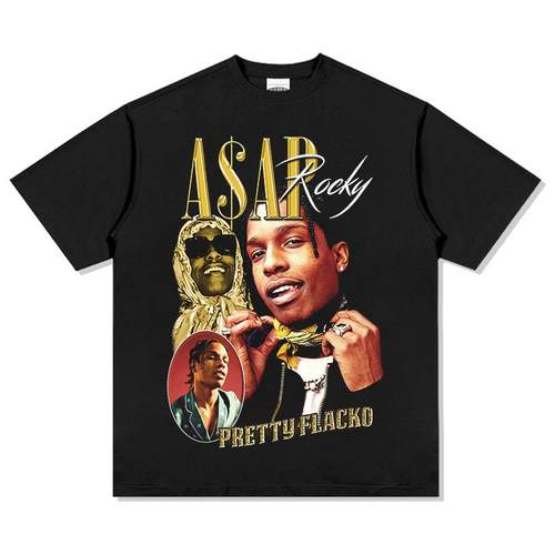 ASAP A$AP ROCKY高街嘻哈说唱T恤男重磅宽松小领口短袖数码直喷 - 图0