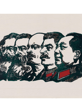 五位导师-毛主席斯大林列宁插画木版画墙画挂画雕刻壁画横版墙面