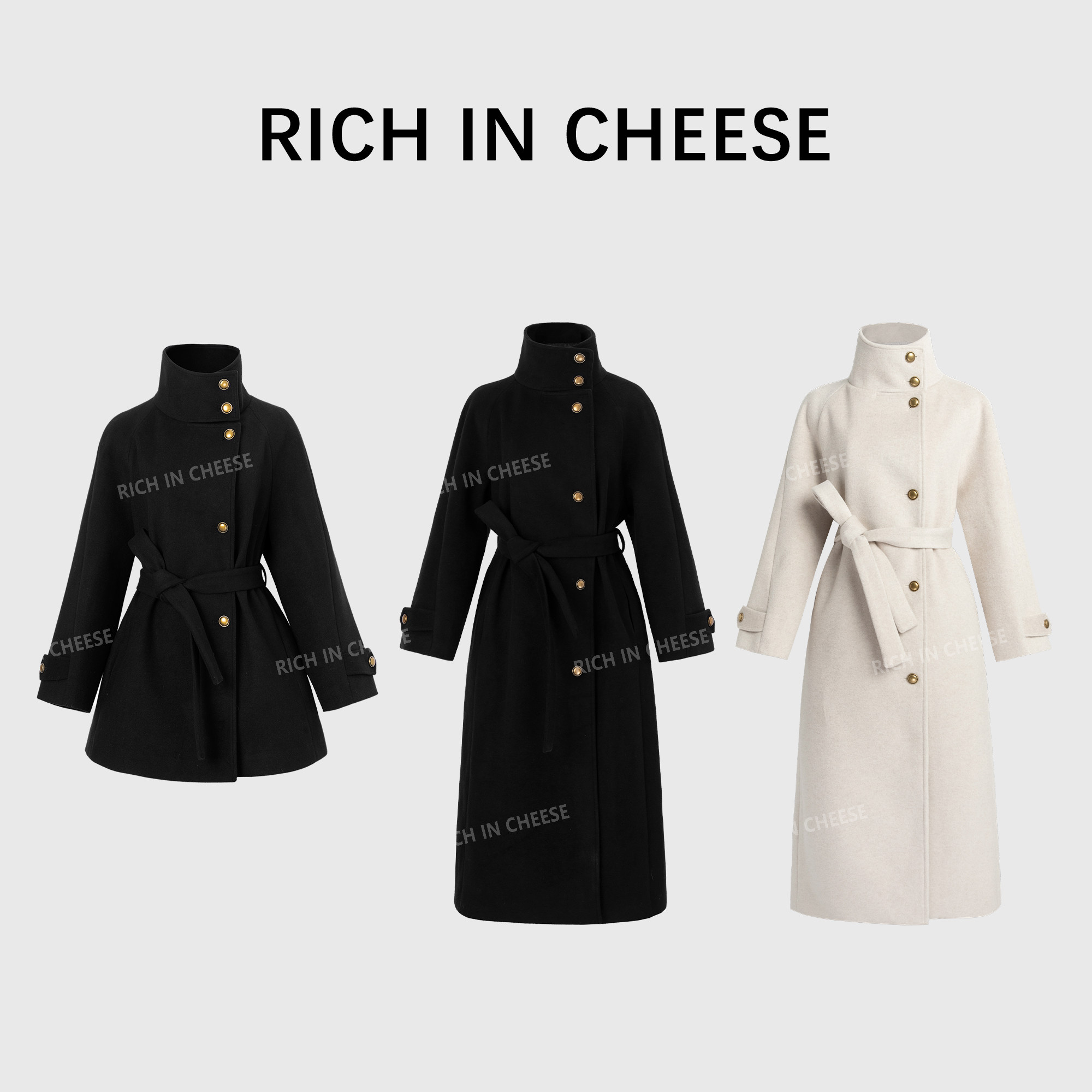 RICHINCHEESE 冬日女王 赫本风气质黑色简约立领高级长款毛呢外套,淘宝优惠券,粉丝福利购,淘宝优惠卷