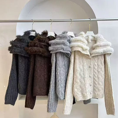 韩系仿皮草海军领毛毛拼接针织开衫女装秋冬新款时尚宽松保暖外套,淘宝优惠券,粉丝福利购,淘宝优惠卷