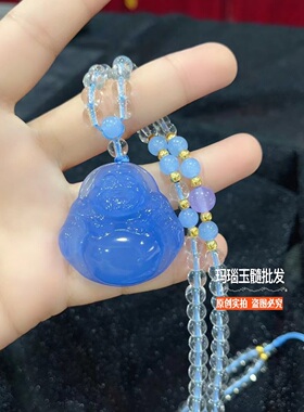 高冰土耳其蓝色玉髓佛公吊坠天空蓝佛公中佛项链秋冬毛衣链本命坠