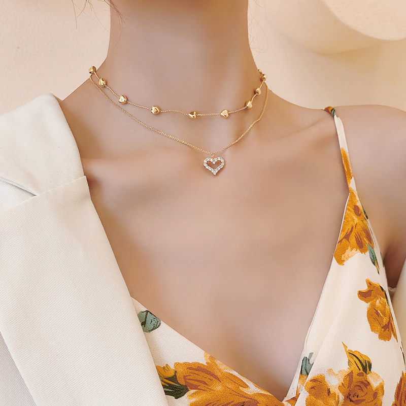 双层爱心女日韩个性金色新款锁骨链 kxk项链