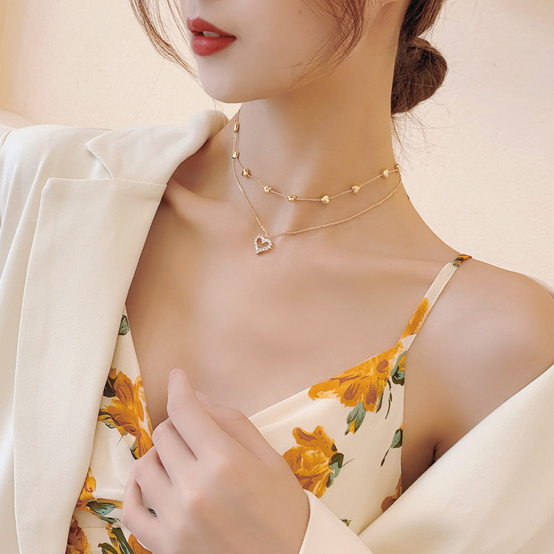 双层爱心女日韩个性金色新款锁骨链 kxk项链