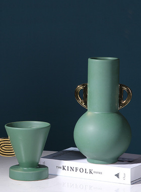 现代轻奢祖母绿金色双耳陶瓷花瓶花器家居样板间软装饰品玄关摆件