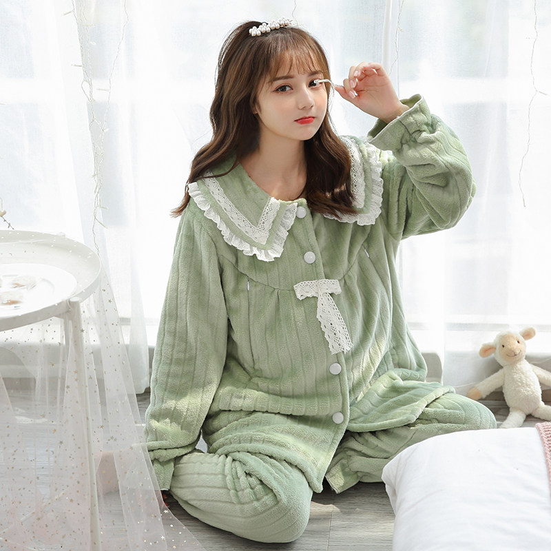 孕妇秋冬季加绒喂奶衣珊瑚绒睡衣 花瑞朵家居服套装