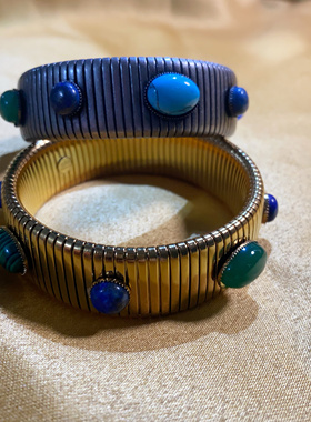 意大利中古库回法式弹簧宝石镶嵌煤气管宽手镯