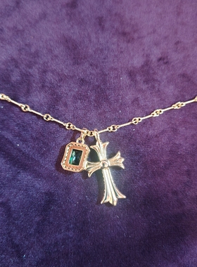 意大利中古定制925银镀金满钻十字架祖母绿双吊坠项链