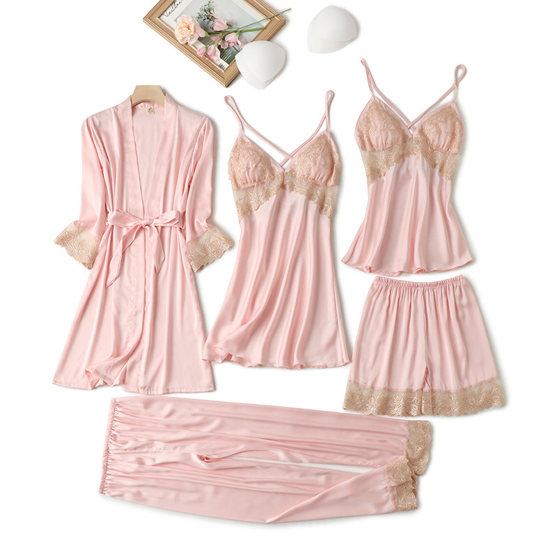 春秋性感五件夏冰丝带胸垫外穿睡裙 梦蔓朵睡衣/家居服套装
