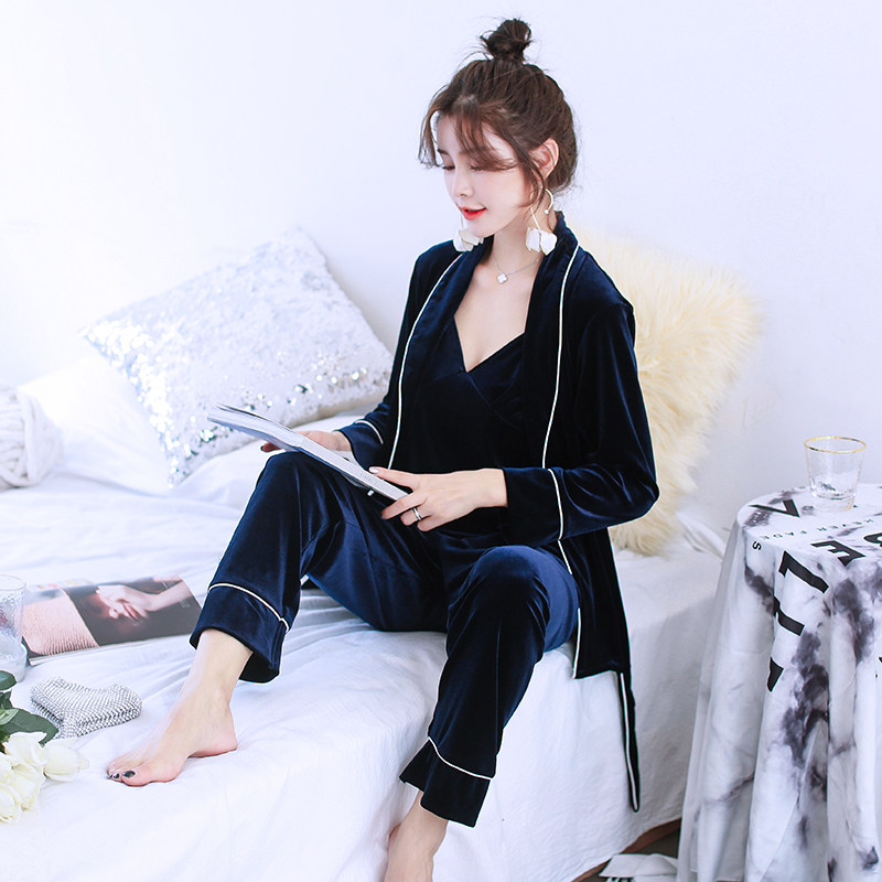 秋冬季长袖女带胸垫性感金丝绒睡衣 梦蔓朵睡衣/家居服套装