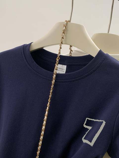 Pure cotton navy blue right shoulder T-shirt women's short sleeve summer