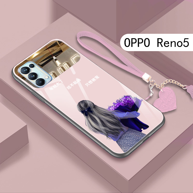 OPPOReno5手机壳新款只想被宠钢化玻璃5k防摔保护套reno5pro潮女款个性高档网红带镜子创意爱心手绳OPPO外壳 - 图1