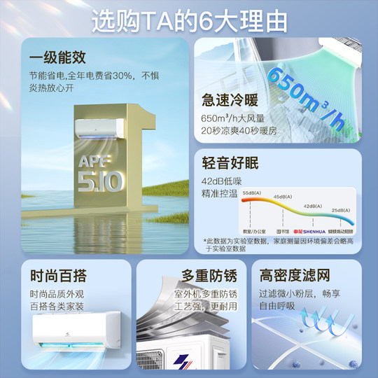 申花大1.5匹一级变频冷暖空调挂机1匹单冷家用壁挂式节能3P定频