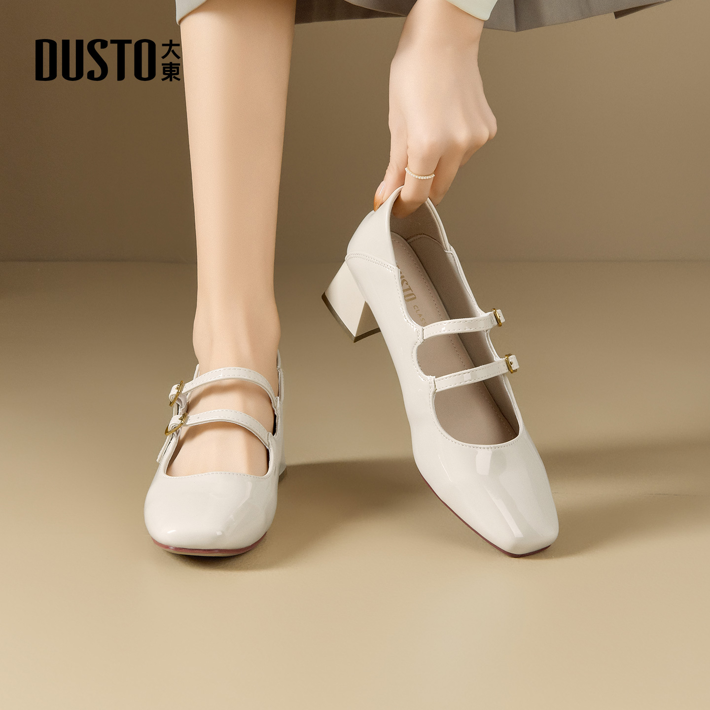 大东玛丽珍鞋女鞋2026春季新款优雅粗跟中跟套脚方头饰扣C1049 - 图0