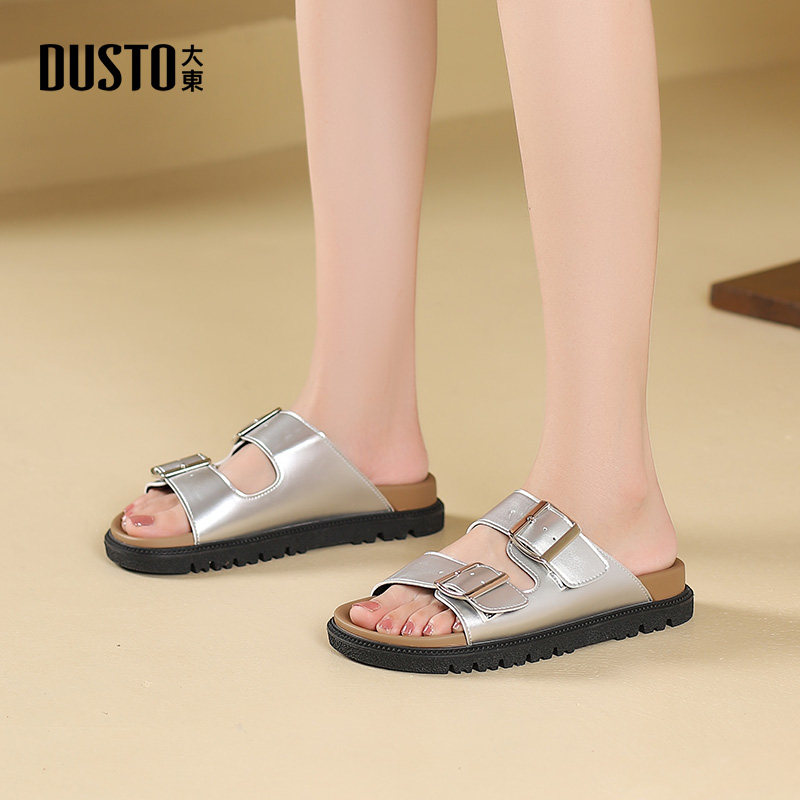 大东勃肯鞋女鞋2025夏季新款时尚平底中跟圆头银色可外穿凉拖0130,淘宝优惠券,粉丝福利购,淘宝优惠卷