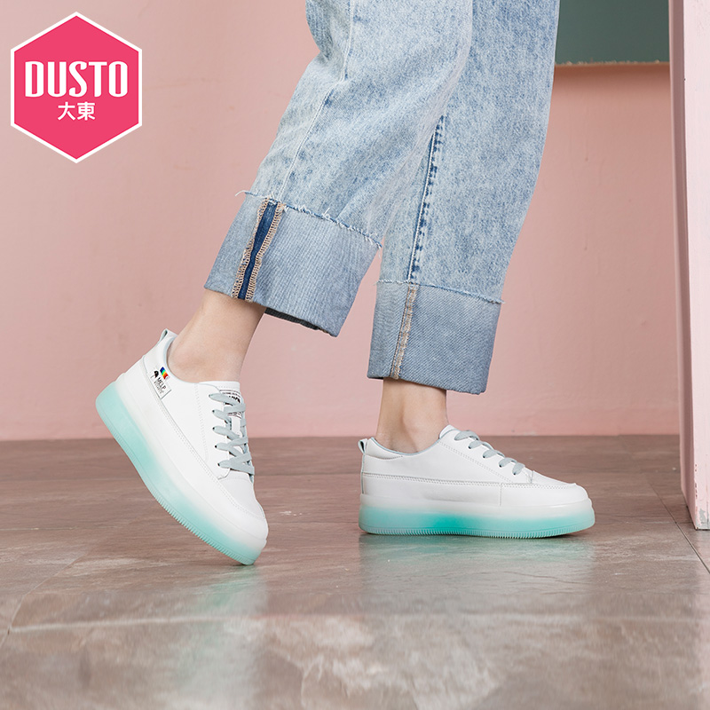 dusto旗舰店大东新款秋冬学院中跟平底圆头防滑系带小白鞋女鞋1