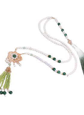 马面裙挂饰汉服旗袍国风配饰晚明风绿色米珠项链冰丝渐变流苏背云