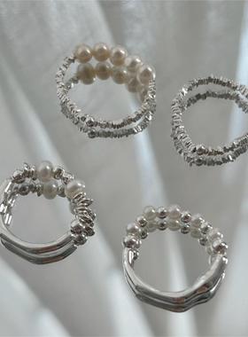 戒指通体S925纯银不规则流线珍珠