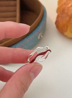 开口戒指通体S925纯银双层波纹