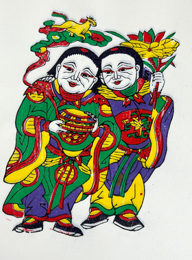 传统开封朱仙镇木版年画和合二圣装饰画春节祈福传统文化艺术品