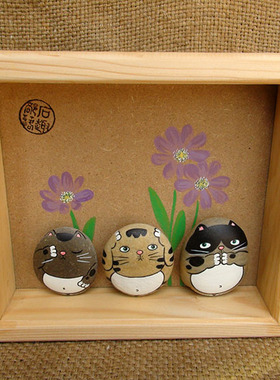 原创猫咪摆件手绘石头画
