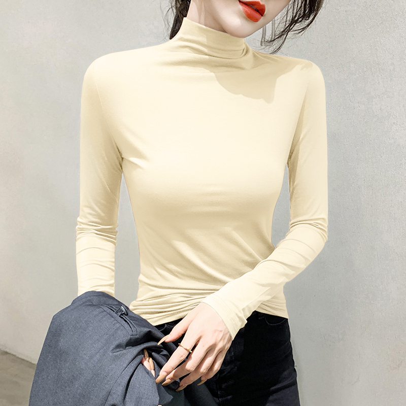 莫代尔黑色半高领打底衫女秋冬内搭修身面膜长袖t恤中领薄款上衣