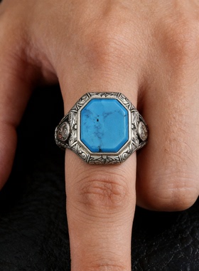 欧美饰品时尚几何方形浅蓝钻宝石戒指男士商务通勤百搭指环