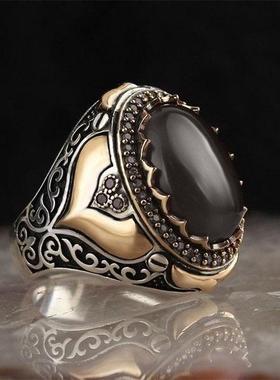 新款复古戒指时尚男士雕花镶嵌红色锆石