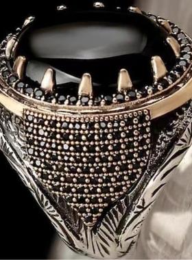 欧美个性复古双色男戒外贸黑色玛瑙黑宝石戒指珠宝首饰指环饰品