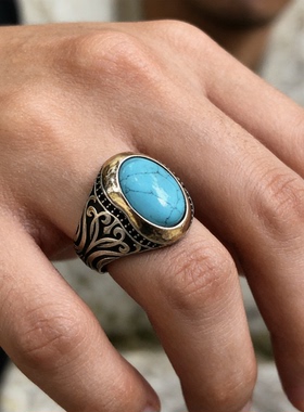 复古朋克欧美宝石绿松石男士戒指虎眼石双色配饰