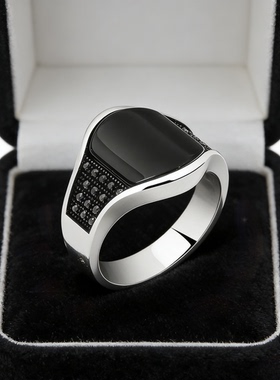 新款复古做旧黑石头戒指男潮经典宽面可调节个性潮单身戒
