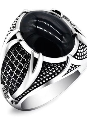 新款货源 欧美个性复古双色男戒外贸 黑色玛瑙戒指