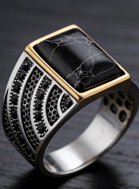 复古黑曜石戒指男商务个性潮流镶嵌宝石戒指  霸气男士饰品