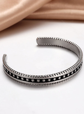 潮牌时尚个性五角星古银手镯男女简约泰银复古手环饰品