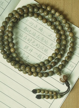 天然绿檀香木108颗念珠手串手链男女士DIY莲花佛珠民族复古风手持