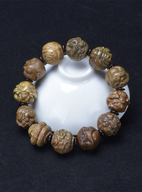 天然绿檀木质精工雕刻十二生肖复古盘文玩男女士手捻持链念佛珠串