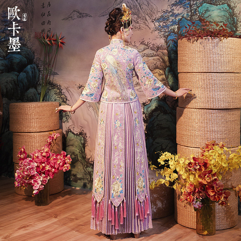 粉色秀禾服新娘2019新款秋秀敬酒服 欧卡墨旗袍