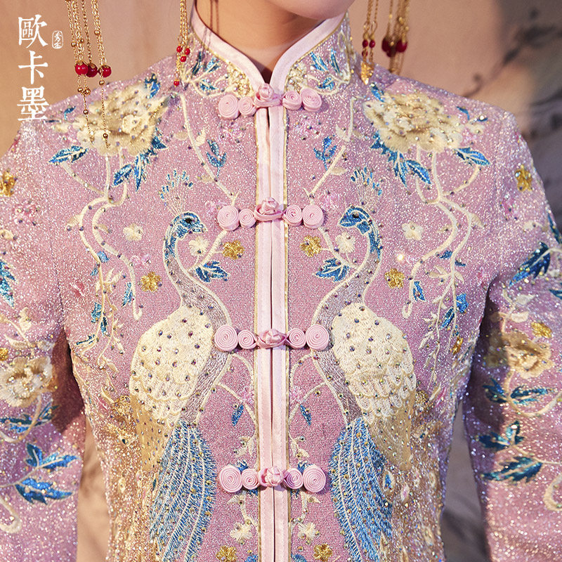 粉色秀禾服新娘2019新款秋秀敬酒服 欧卡墨旗袍