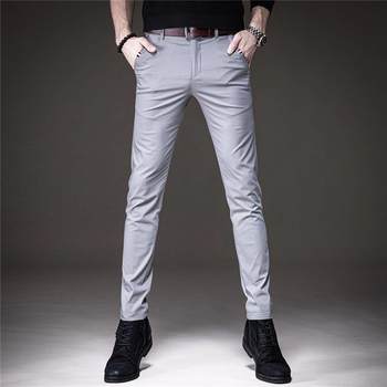 ໂສ້ງຂາຍາວຢ່າງເປັນທາງການຂອງຜູ້ຊາຍ, ຜູ້ຊາຍໃນຕົ້ນດູໃບໄມ້ລົ່ນສີດໍາແສງສະຫວ່າງທຸລະກິດ trendy straight elastic trousers slim ຕີນ 0806n