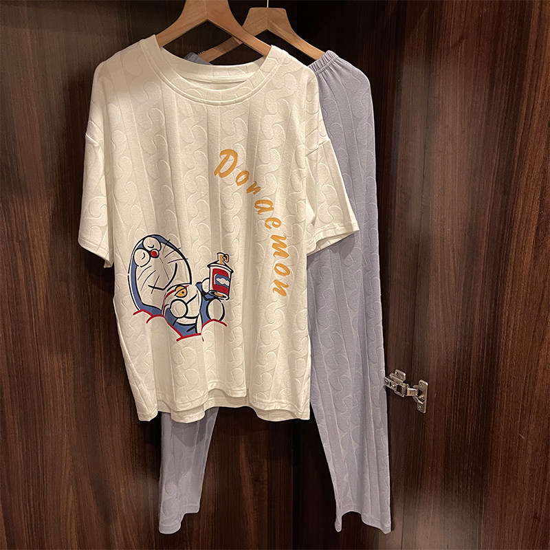 新款夏季短袖长裤宽松提花纯棉睡衣 采樱睡衣/家居服套装