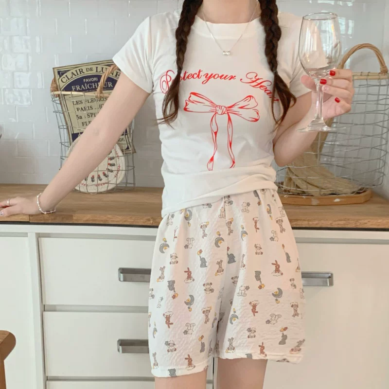 cartoon cute thin trousers, shorts for students for leisure, elastic waist, oversize