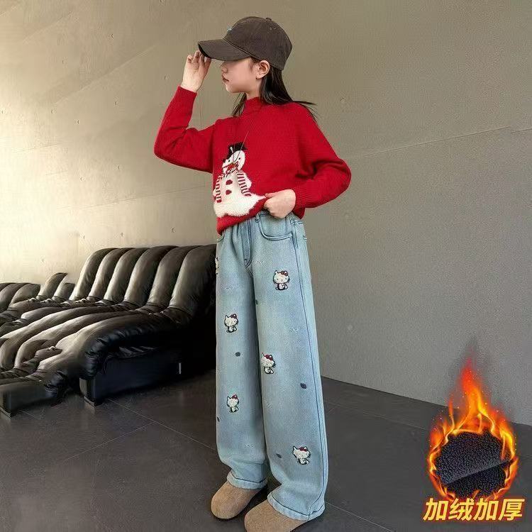 女童刺绣卡通小猫加绒休闲牛仔裤阔腿裤2025冬季新款ZM010嫜 - 图0