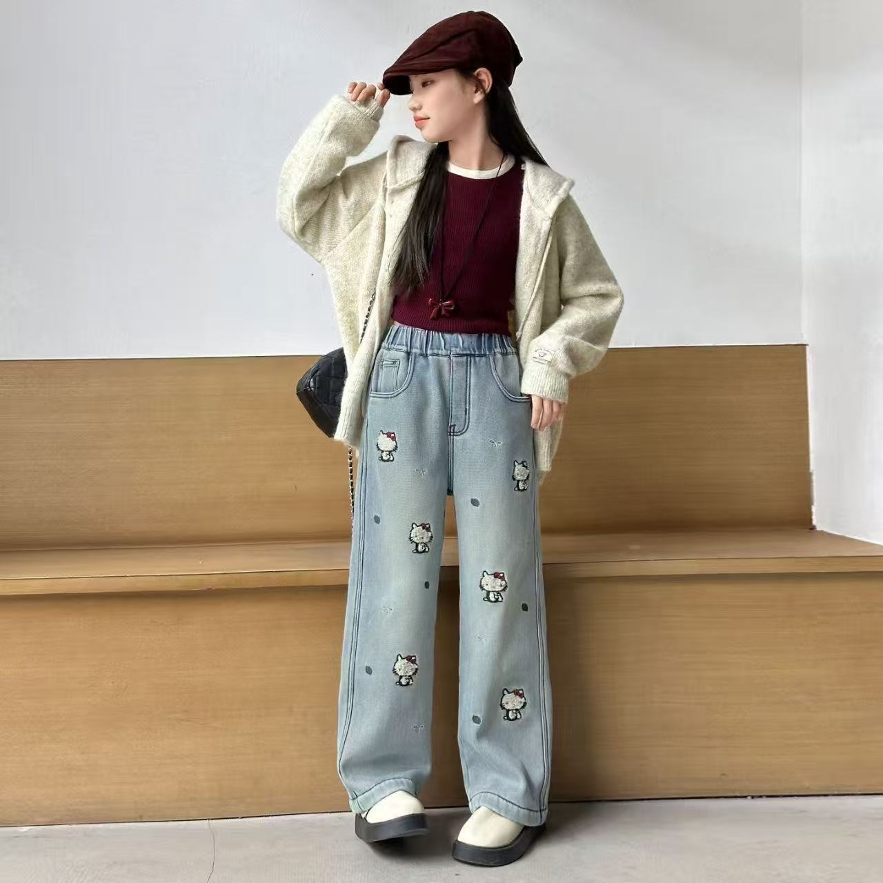 女童刺绣卡通小猫加绒休闲牛仔裤阔腿裤2025冬季新款ZM010嫜 - 图3