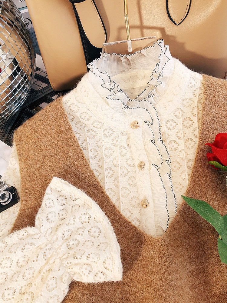 蕾丝秋冬洋气花边立领网纱内搭小衫 双潮蕾丝衫/雪纺衫