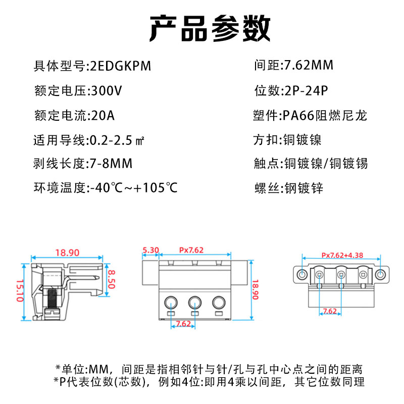 插拔式接线端子2EDGWC-7.62mm免焊穿墙面板框架带法兰固定整套装-图1