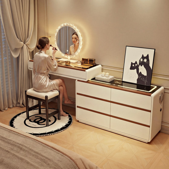 Master bedroom dressing table 2026 new bedroom cupboard integrated storage smart solid wood dressing table high-end bed end