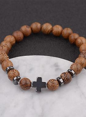 复古木纹珠子十字架串珠手链木珠个性手镯气质手饰手串手环新中式