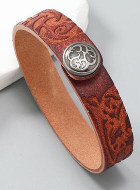 欧美雕刻印花牛皮手链简约文艺复古跨境热销DIY男女手镯配饰品潮